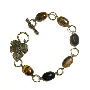 2/$20, Natural Tiger's Eye Bracelet, Genuine Gemstone + Bronze Grape Leaf Clasp